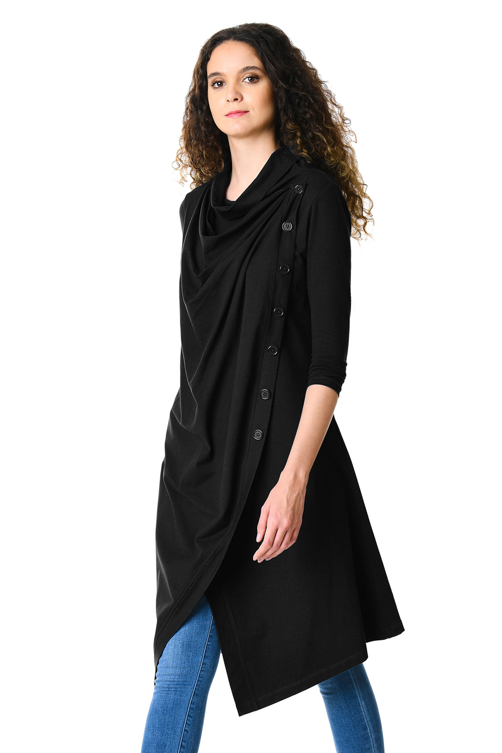 BY85218-2 Black Cowl Neck Asymmetric Wrap Long Tunic